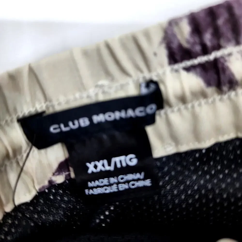 NWT Club Monaco Bo Print Beige 7” Mid Length Drawstring Swim Trunks Size 2XL